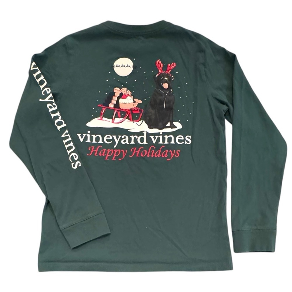 Vineyard Vines Youth S (8-10) Holiday Dog Sled Long Sleeve Pocket Christmas Tee